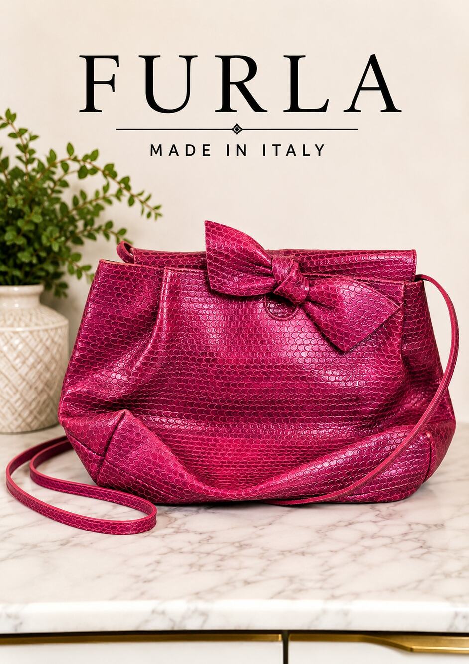 Vintage Furla Fuchsia Reptile Embossed Leather Bow Crossbody Bag Italy